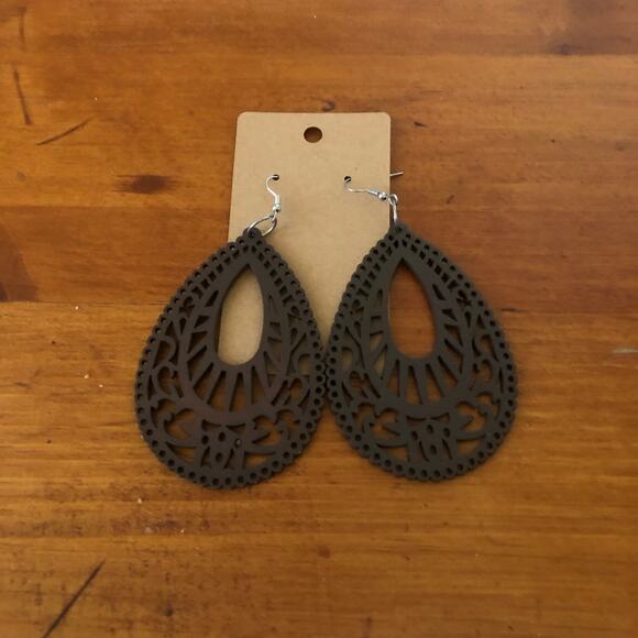 Bohemian Lightweight Wooden Filigree Laser Cut Teardrop Earrings Lot of 3 Pair - Picture 4 of 16